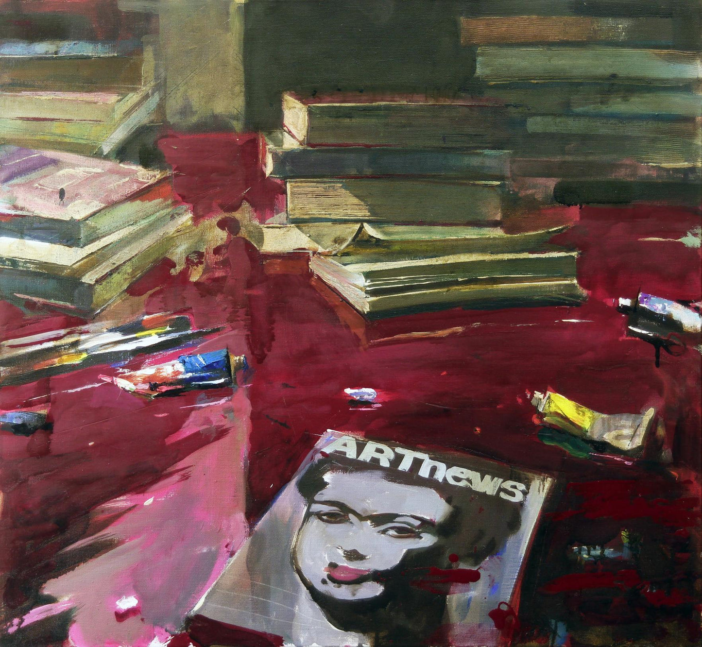 Oil painting ARTnews Ed Potapenkov with Frida Kahlo cover on red pink surface
