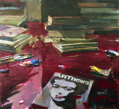 Oil painting ARTnews Ed Potapenkov with Frida Kahlo cover on red pink surface