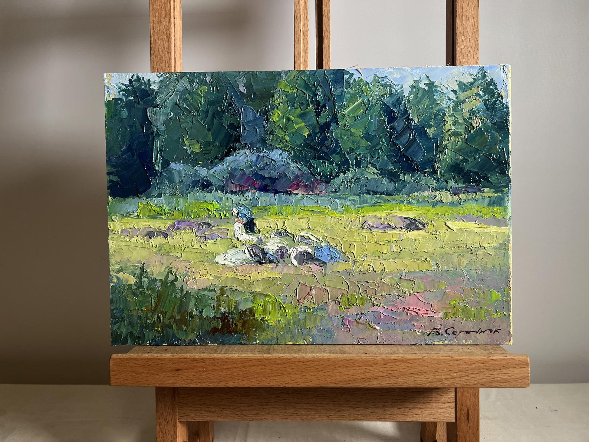 Oil painting Preparing for Winter by Boris Serdyuk: lush green trees, sheep field