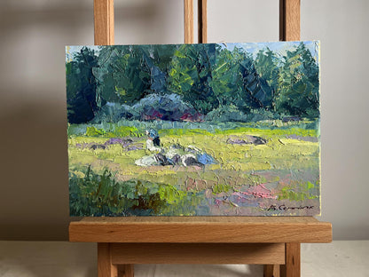 Oil painting Preparing for Winter by Boris Serdyuk: lush green trees, sheep field