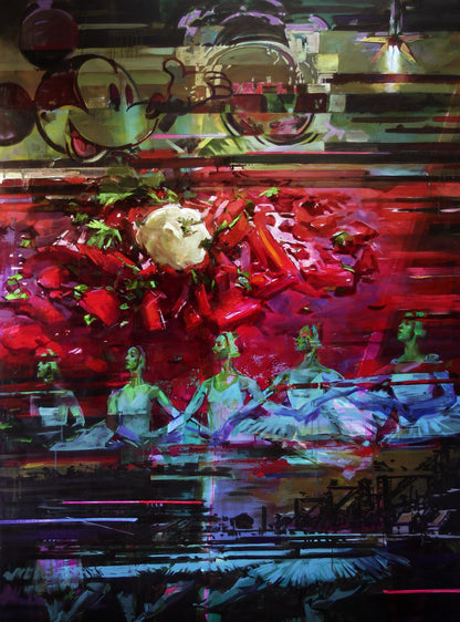 Vibrant Borsch by Ed Potapenkov oil painting with red white flowers glitch background