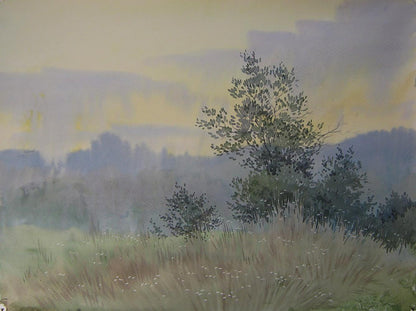 Watercolor painting Morning in nature by Valery Savenets misty hills tree