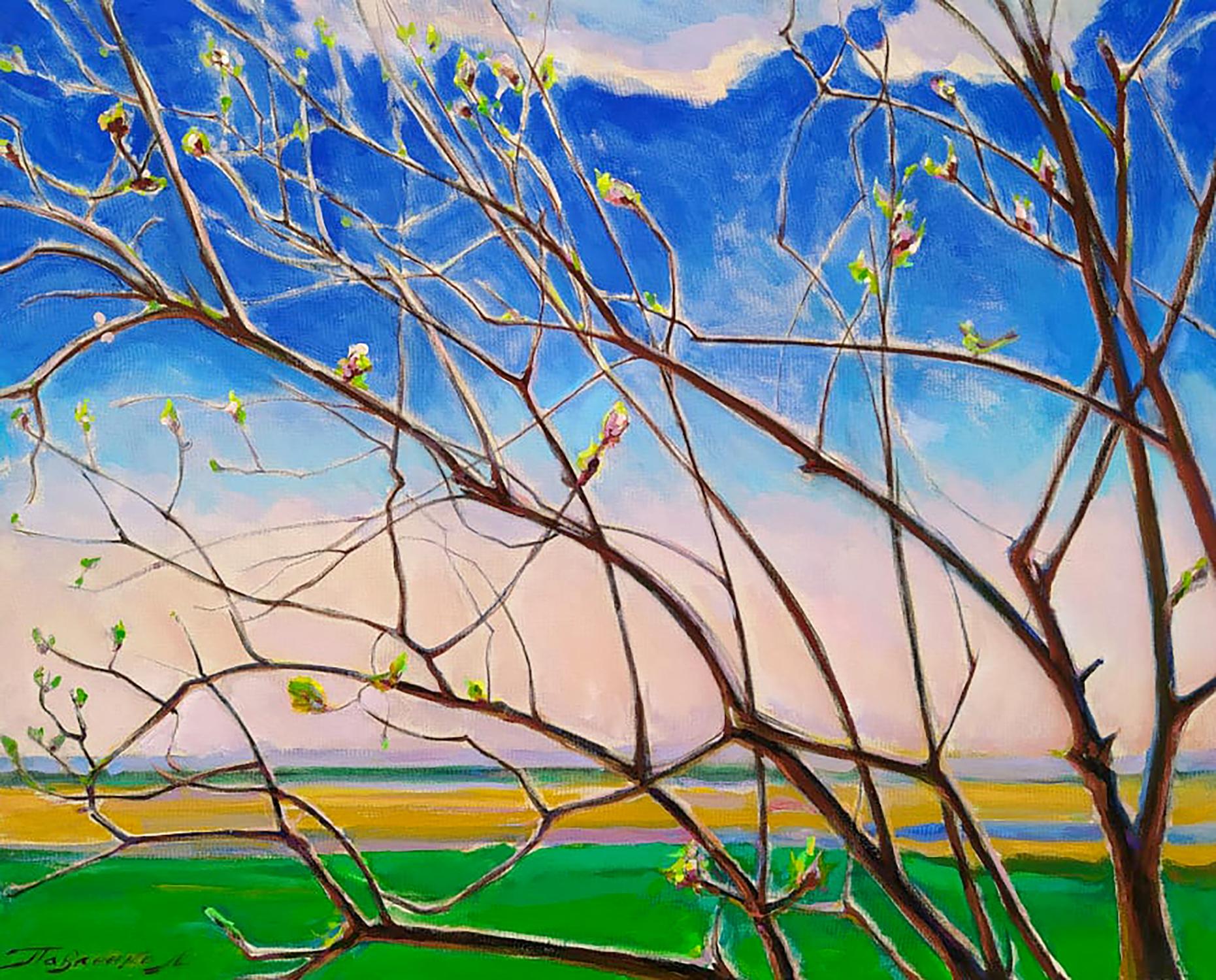 Vibrant oil painting Spring by Leonid Pavlenko: budding trees, blue sky, fields