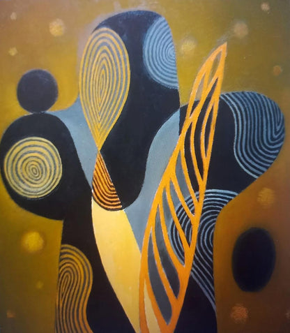 Oil painting Excitement by Alexander Strashevich, bold black blue gold swirls on yellow