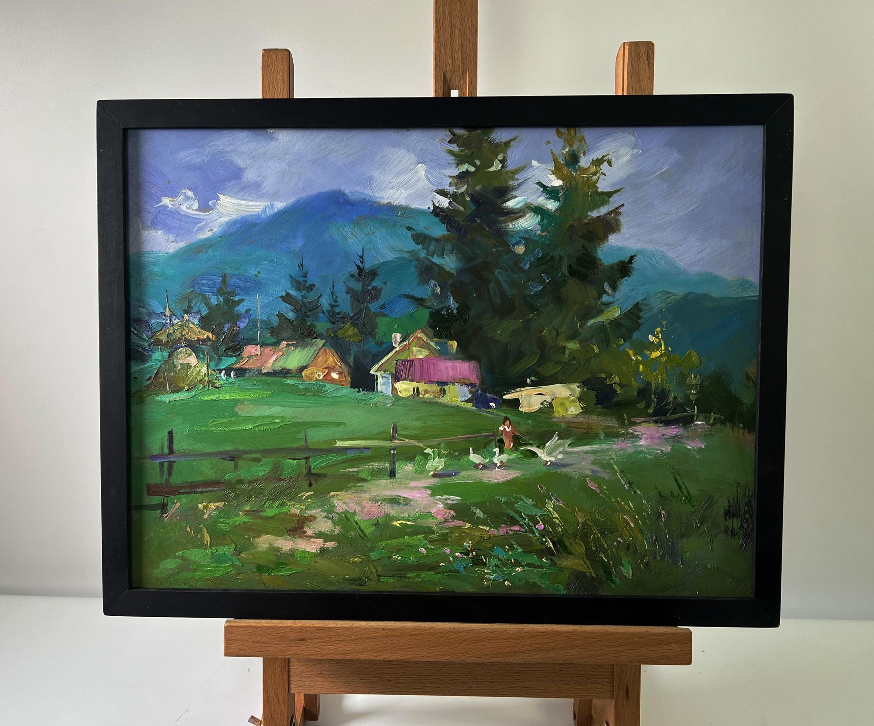 Oil painting Village in the mountains by Yuriy Suprunchuk, vibrant hills and houses