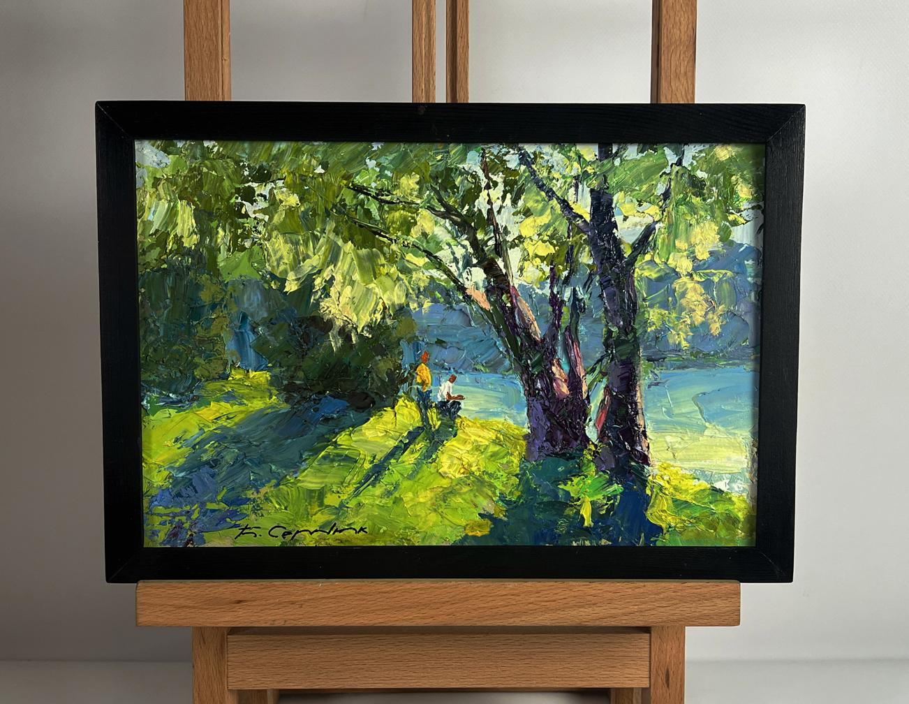 Oil painting Relaxing on the river by Boris Serdyuk in black frame