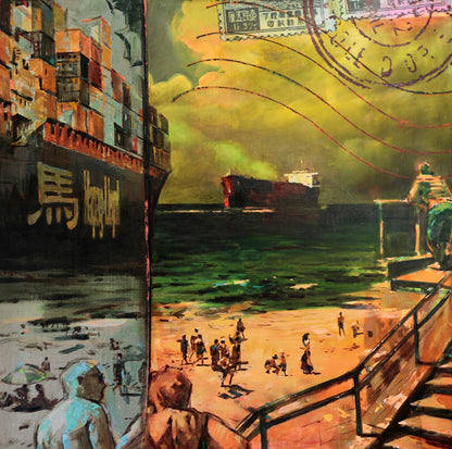 Oil painting Assol Ed Potapenkov: bustling port with cargo ships and beachgoers