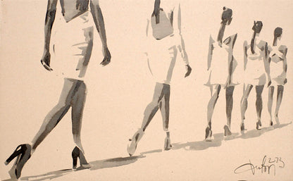 Minimalist ink wash of five women in white dresses walking away by Dima Filatov