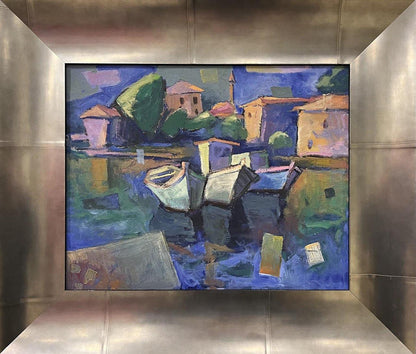 Oil painting Harbor by Oleksandr Andreev: vibrant boats and buildings