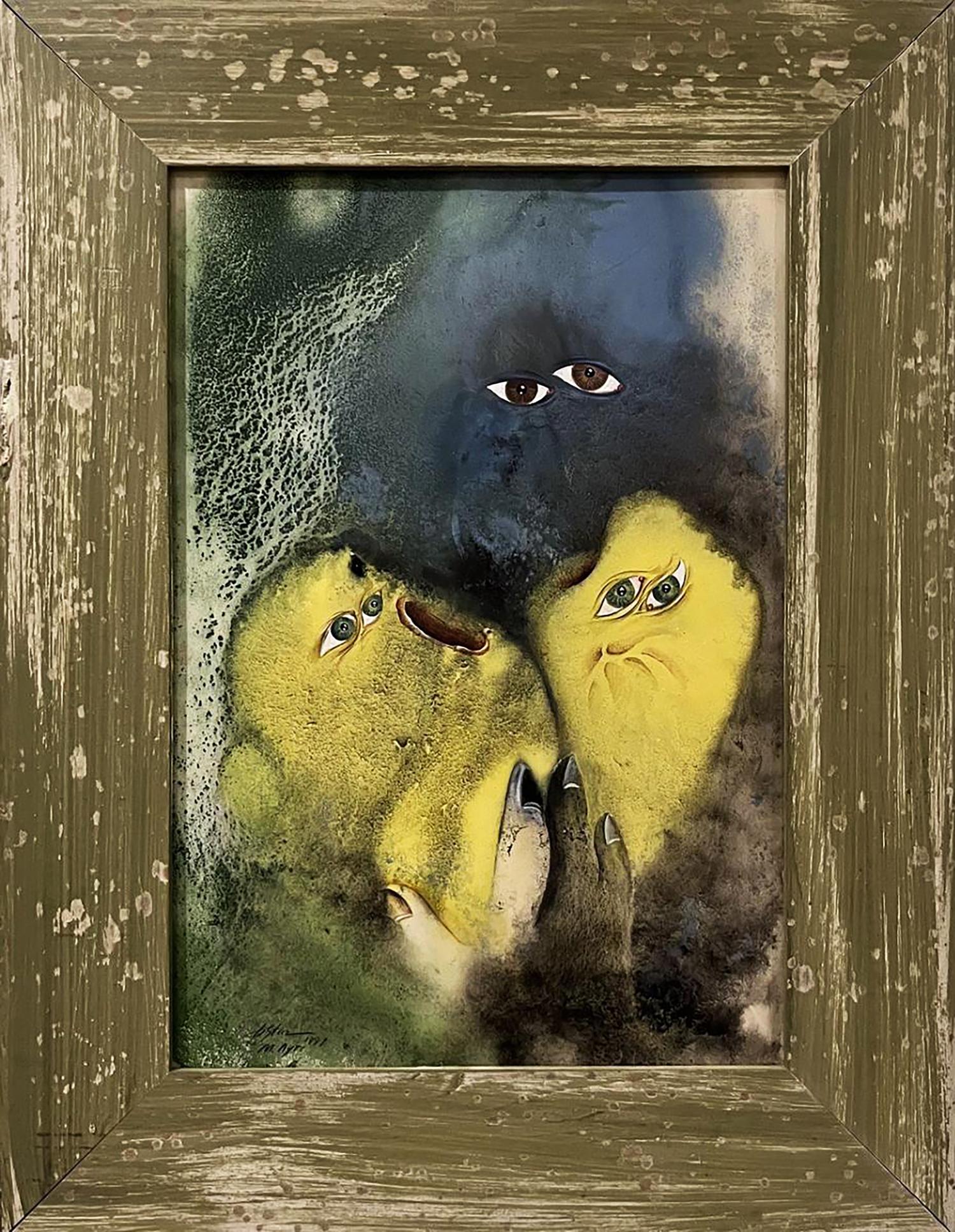 Surreal watercolor painting Creatures close to us by Dmytro Startsev in rustic frame