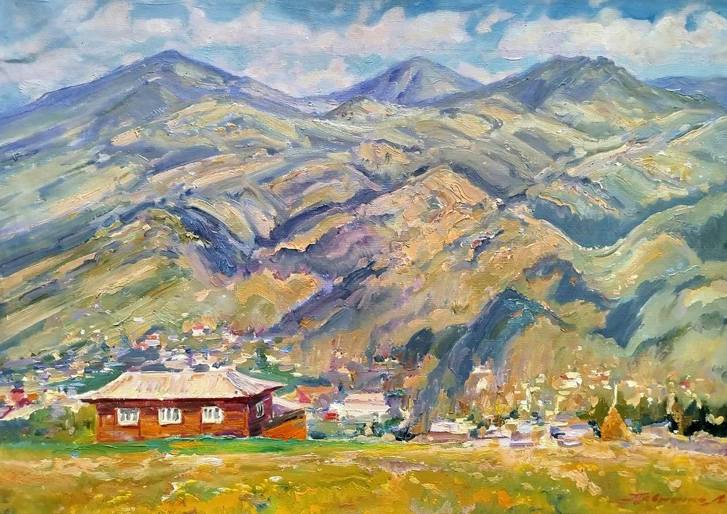 Oil painting Among the Mountains by Leonid Pavlenko: rustic red house in green valley