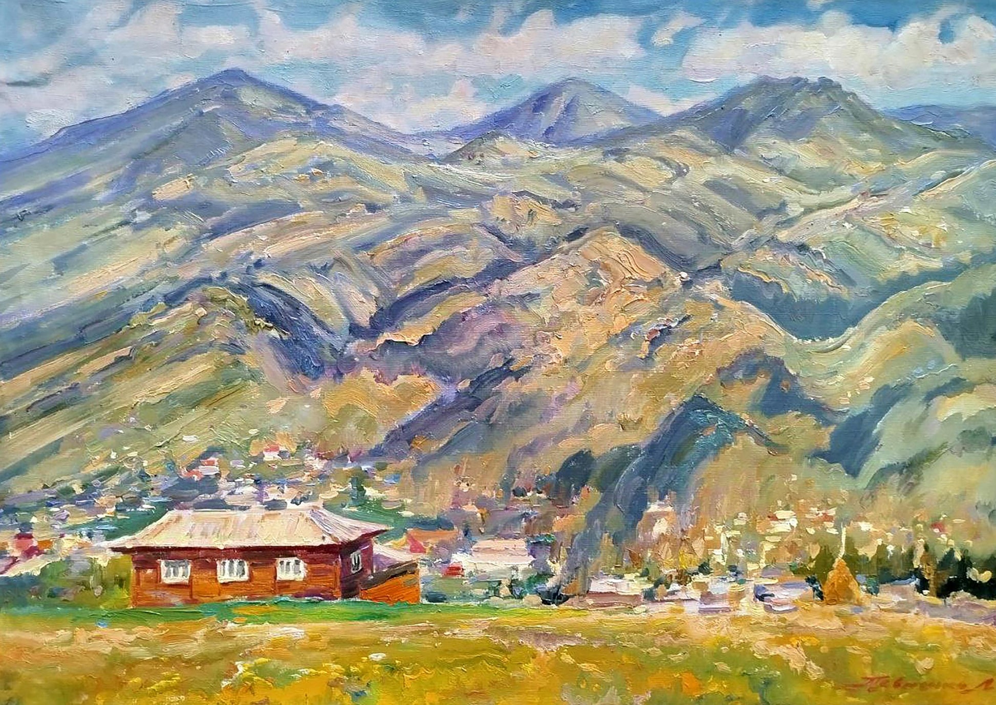 Oil painting Among the Mountains by Leonid Pavlenko: rustic red house in green valley