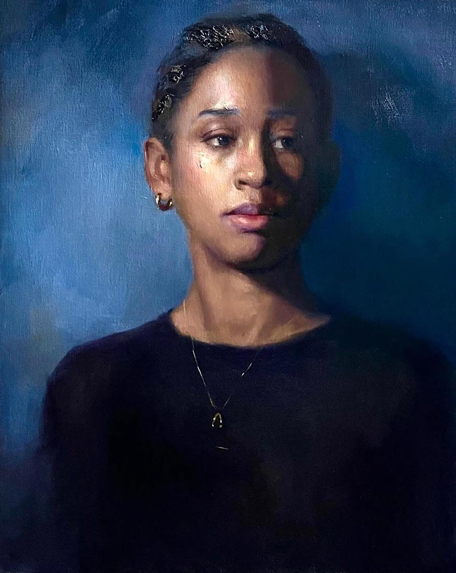 Oil painting portrait of Ruby Annam Butt, dark blue woman with ornate headpiece