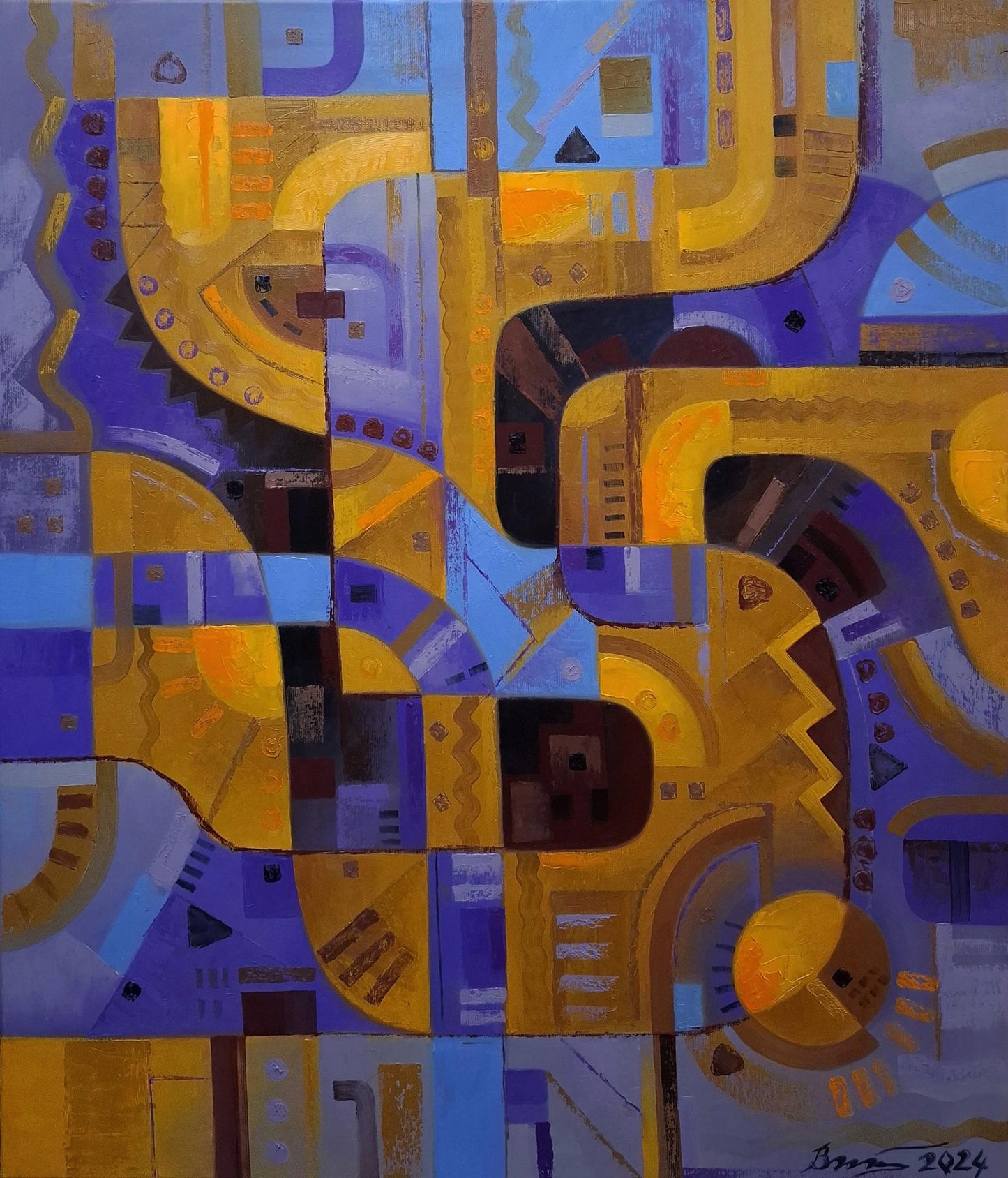 Oil painting Light lines by Sergiy Voichenko with bold geometric shapes in gold, purple, blue
