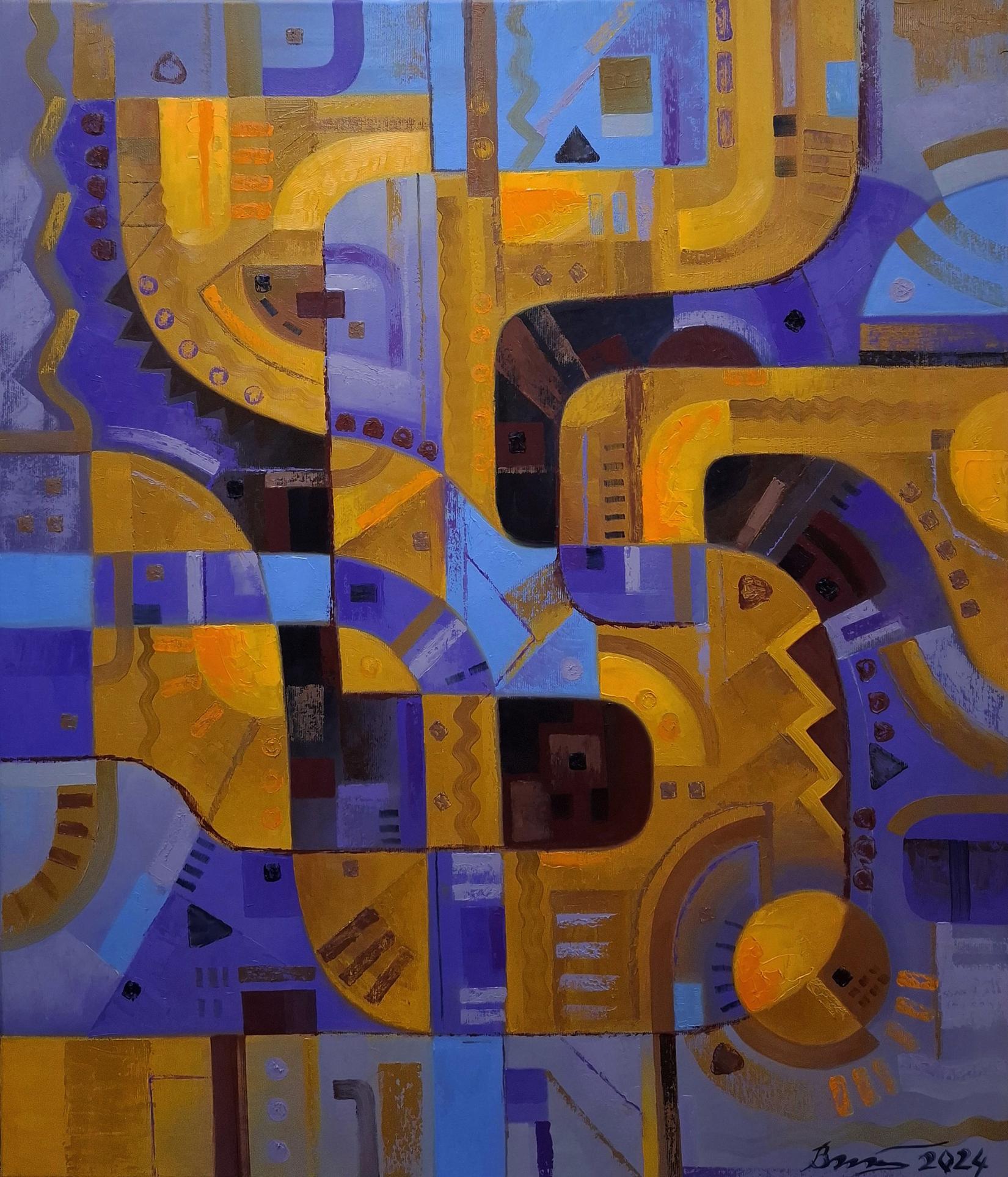 Oil painting Light lines by Sergiy Voichenko with bold geometric shapes in gold, purple, blue