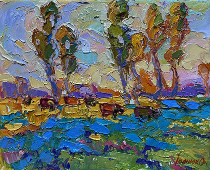 Vibrant impressionist oil painting Yellow sunset in the field by Oleksiy Ivanyuk
