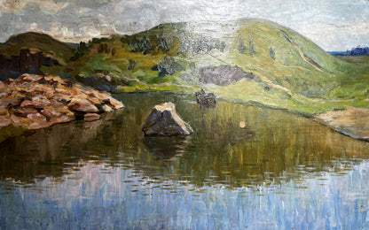 Serene lake oil painting Still water by Boris Talsko with green hills rocks