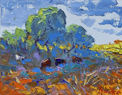Vibrant impressionist oil painting by Oleksiy Ivanyuk: cows grazing under blue sky
