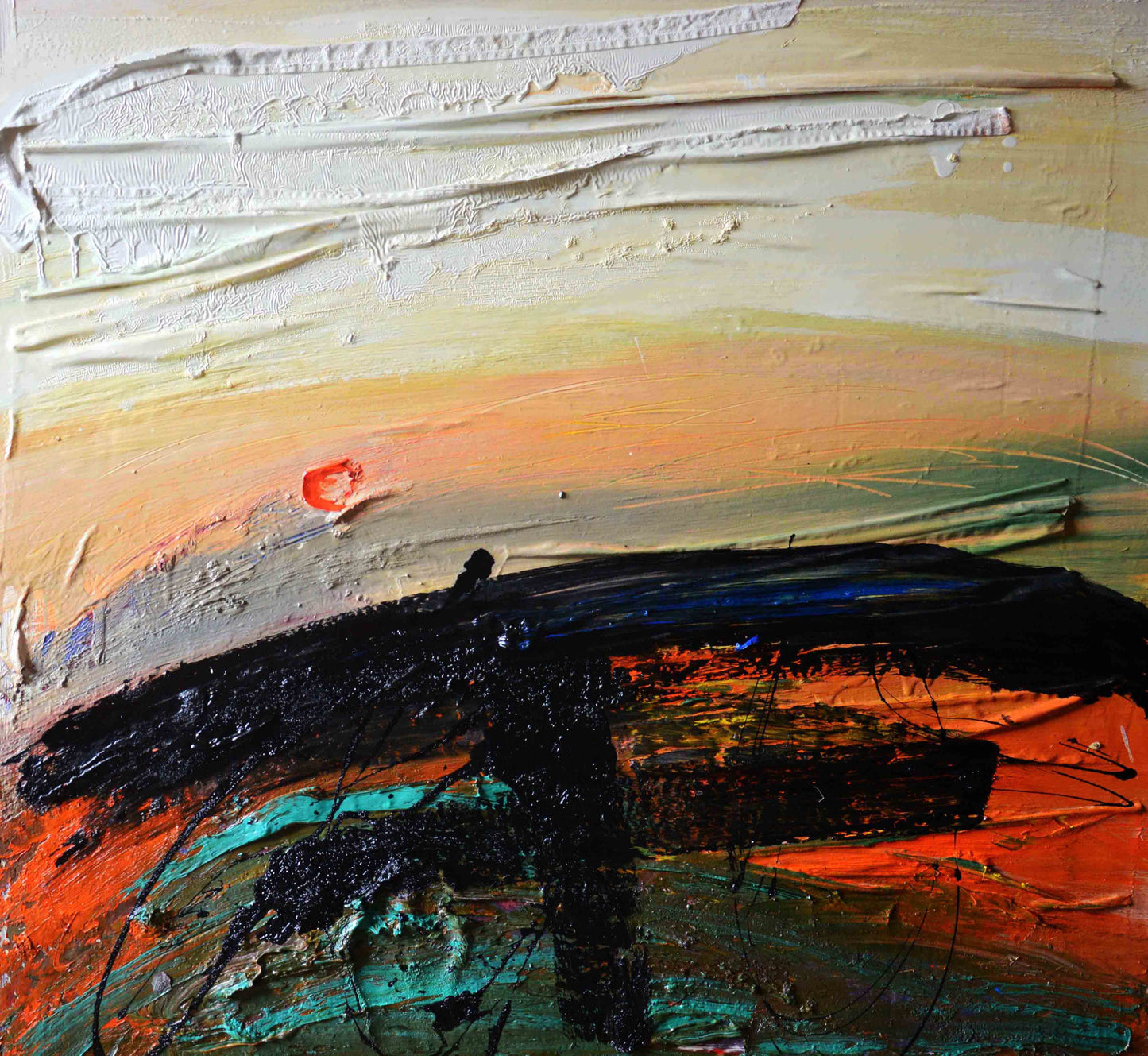 Oil painting Mountain Meadow by Natalia Korf-Ivaniuk, abstract warm oranges to cool blues