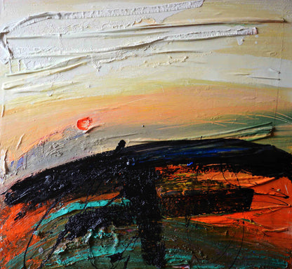 Oil painting Mountain Meadow by Natalia Korf-Ivaniuk, abstract warm oranges to cool blues
