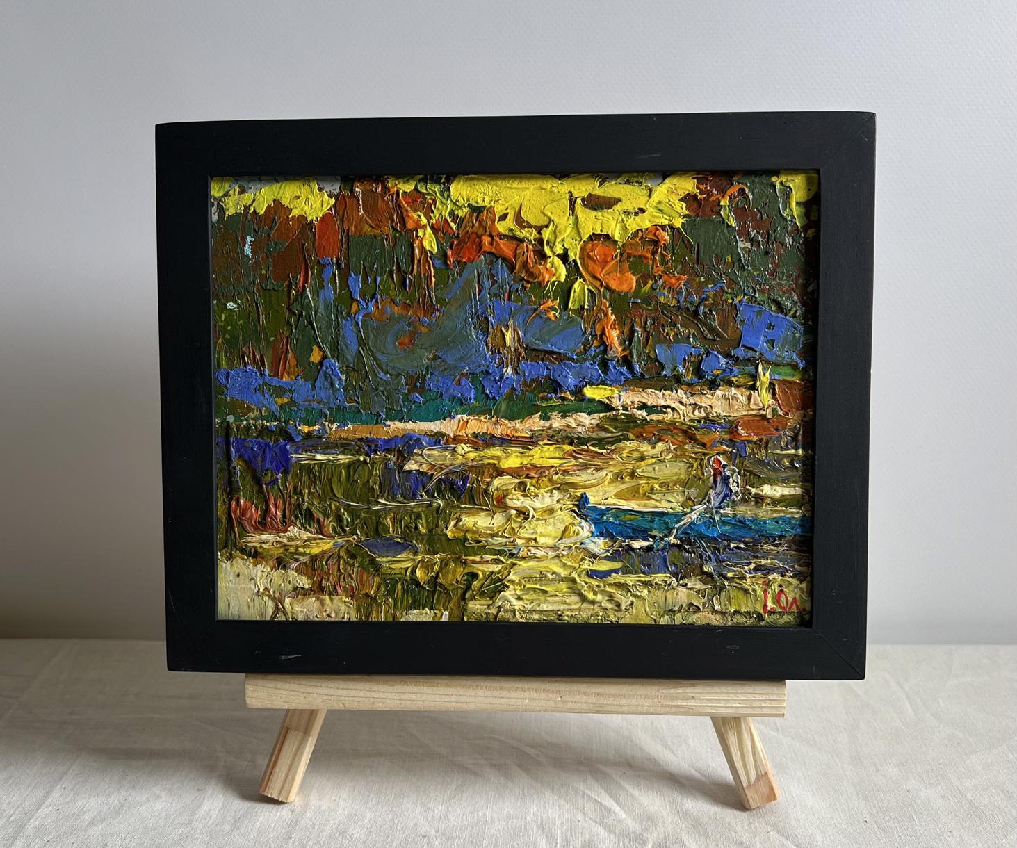 Oil painting The sun sets over the river by Oleksiy Ivanyuk in black frame