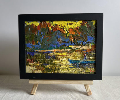 Oil painting The sun sets over the river by Oleksiy Ivanyuk in black frame