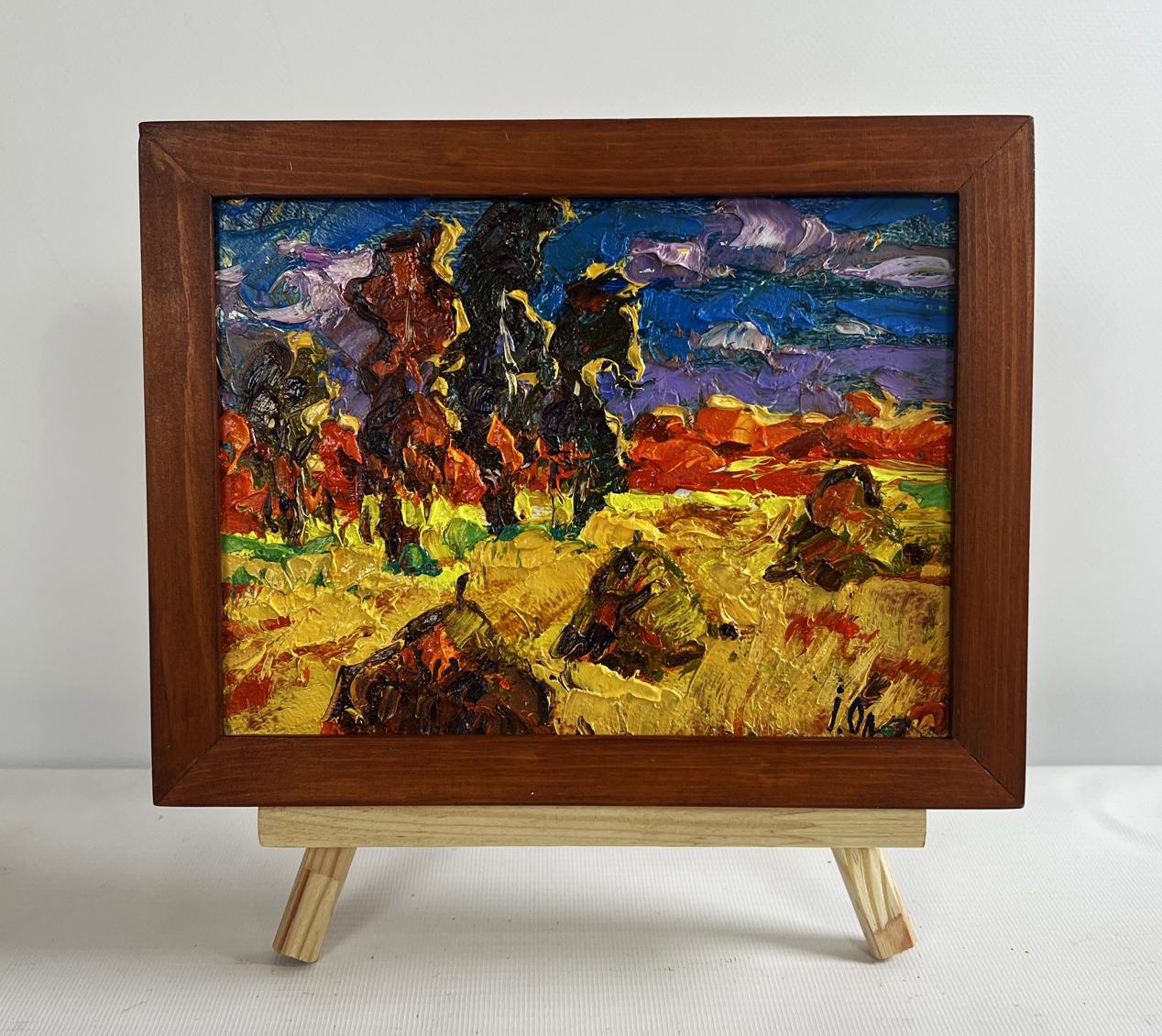 Oil painting The sun sets in the field by Oleksiy Ivanyuk in wooden frame