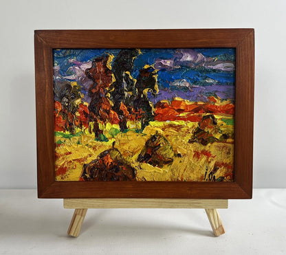 Oil painting The sun sets in the field by Oleksiy Ivanyuk in wooden frame