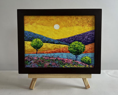 Oil painting Yellow sunset over flower meadows by V. Zadorozhnya in black frame