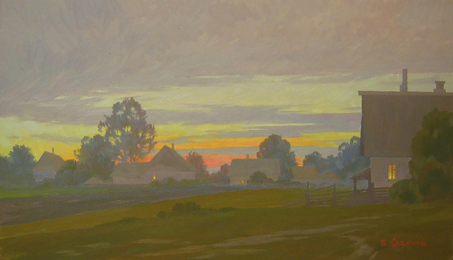 Oil painting August evening by Valery Savenets serene village at dusk