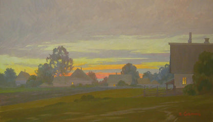 Oil painting August evening by Valery Savenets serene village at dusk