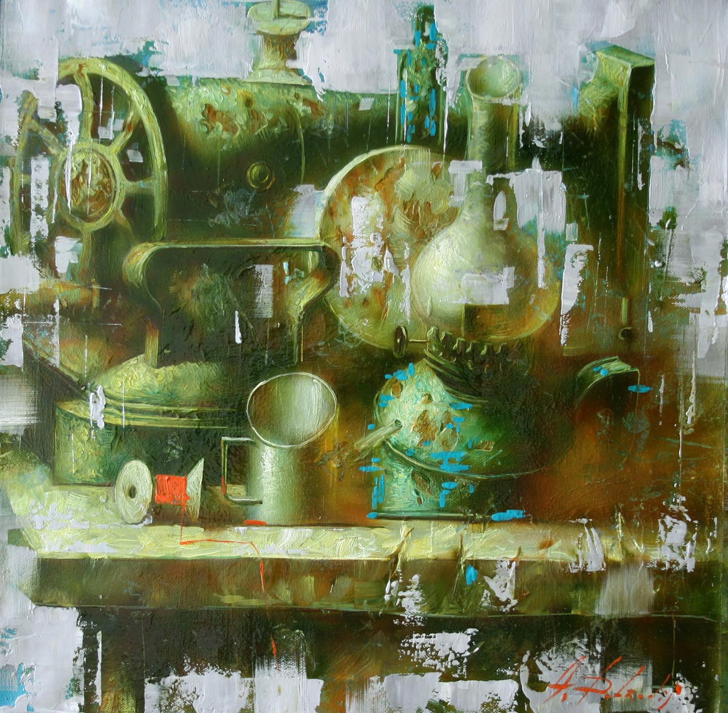 Oil painting of rustic green teal sewing machine by Alexander Dobrodiy