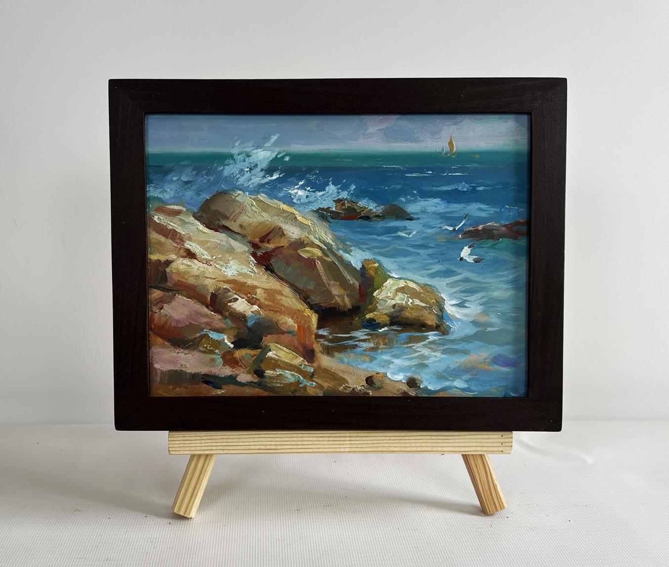 Framed oil painting of sailboats on sea horizon with crashing waves by Yuriy Suprunchuk