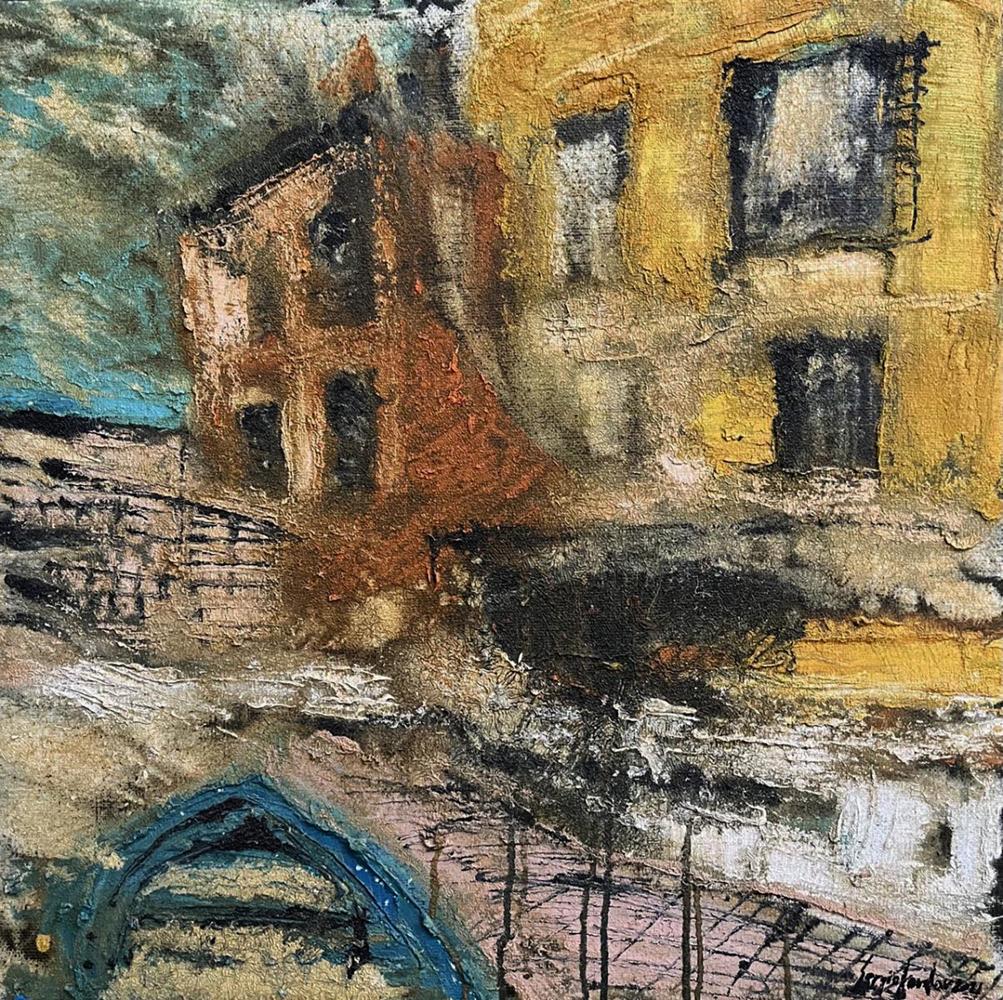 Oil painting Contrary to Serhiy Kovalev textured abstract weathered buildings