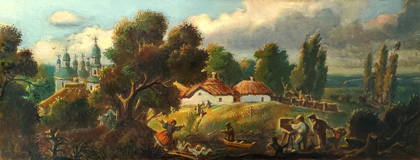 Oil painting Before the Storm by Daniil Litvinov: serene village landscape