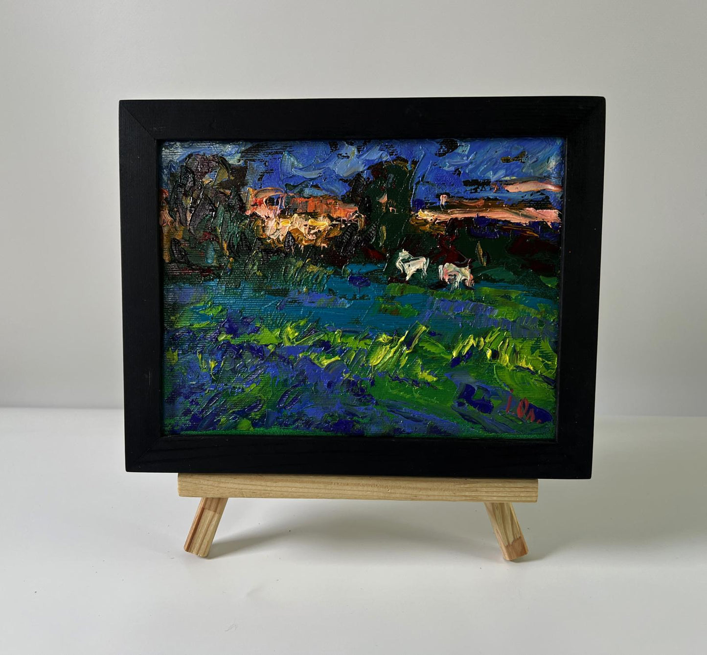 Oil painting Night Meadows by Oleksiy Ivanyuk in black frame