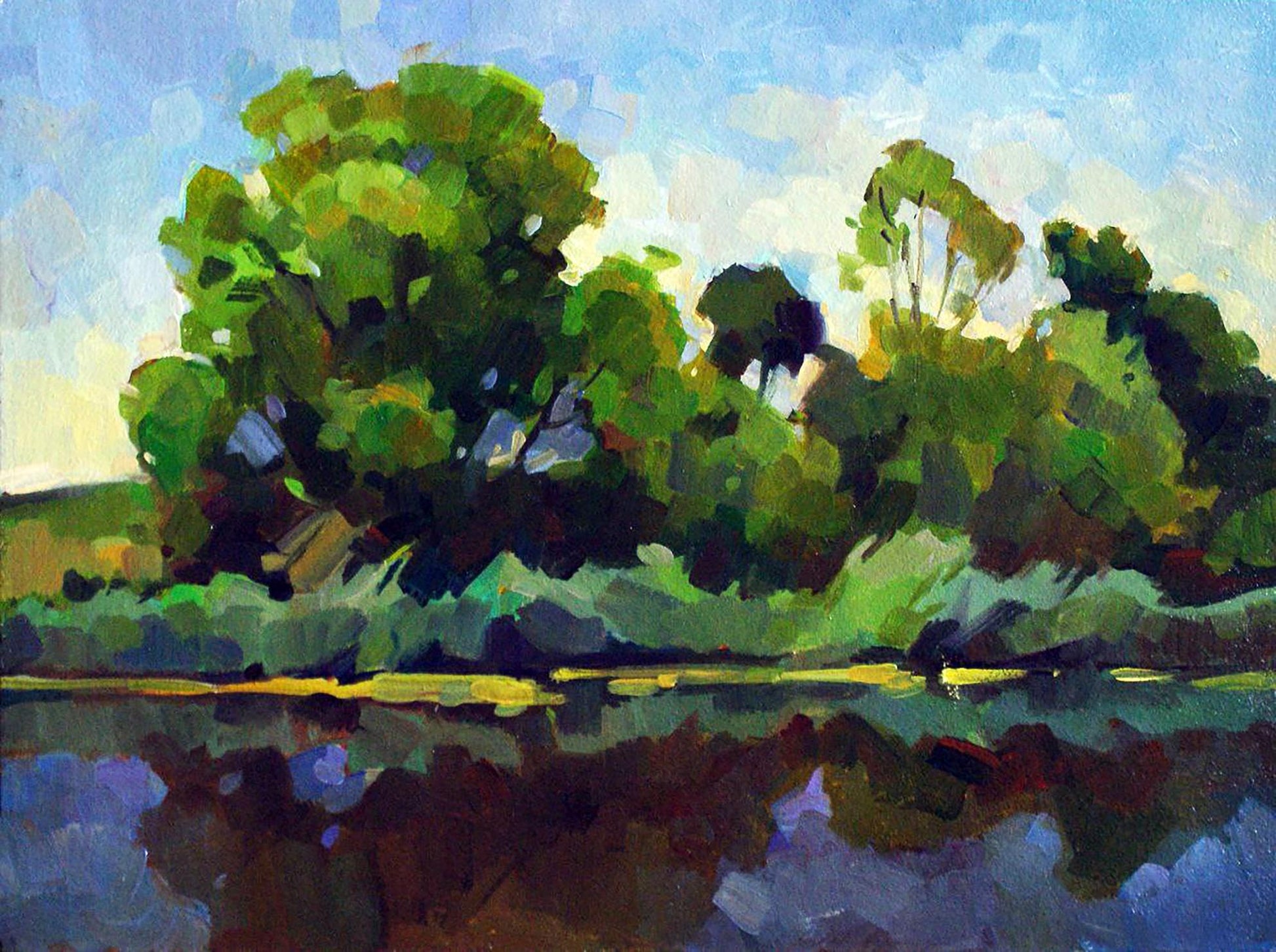 Oil painting of vibrant green tree cluster by river near village by Anastasia Yaroshevich