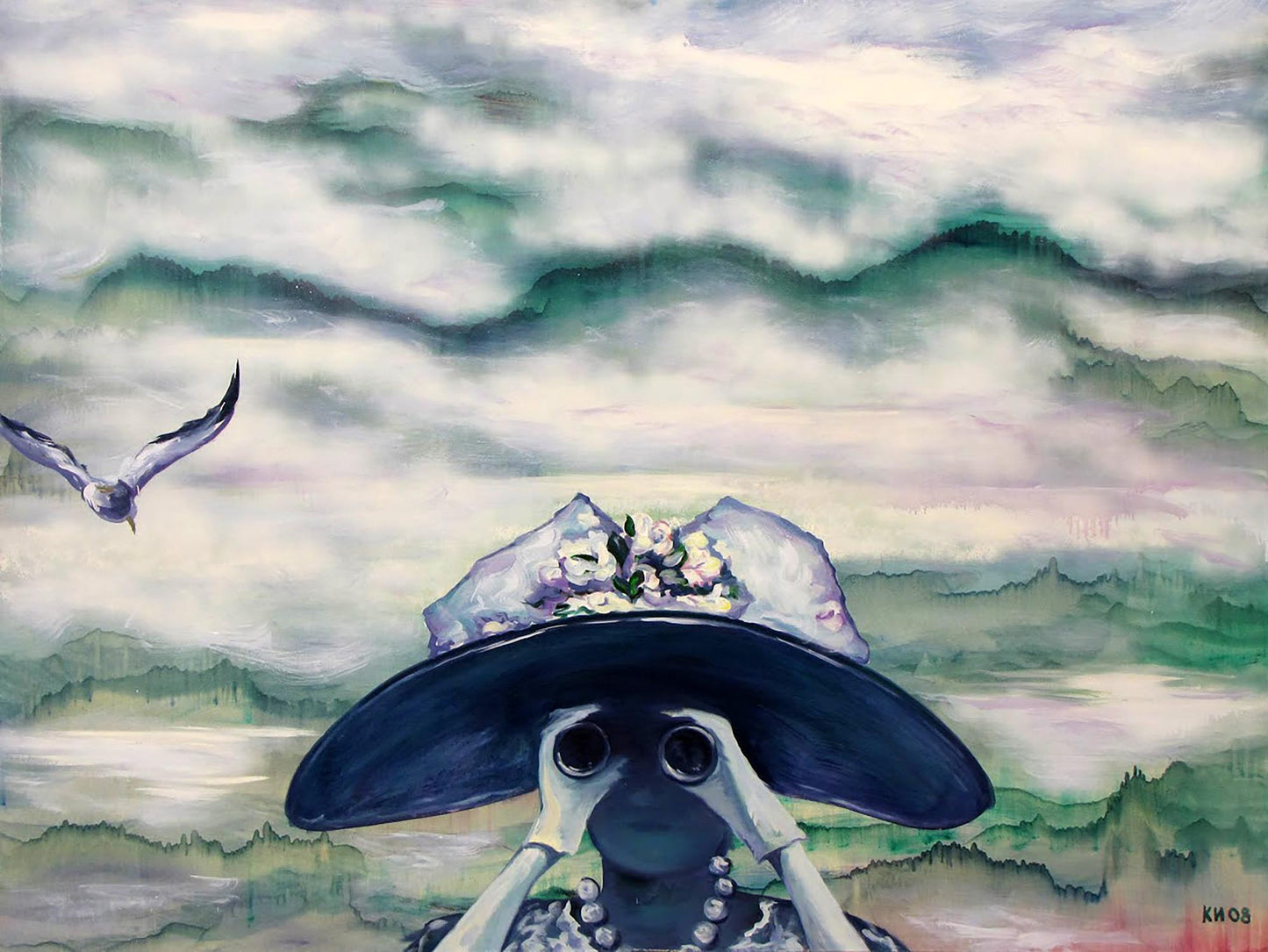 Oil painting Distant Close by Igor Konovalov: dark blue hat with white pink flowers