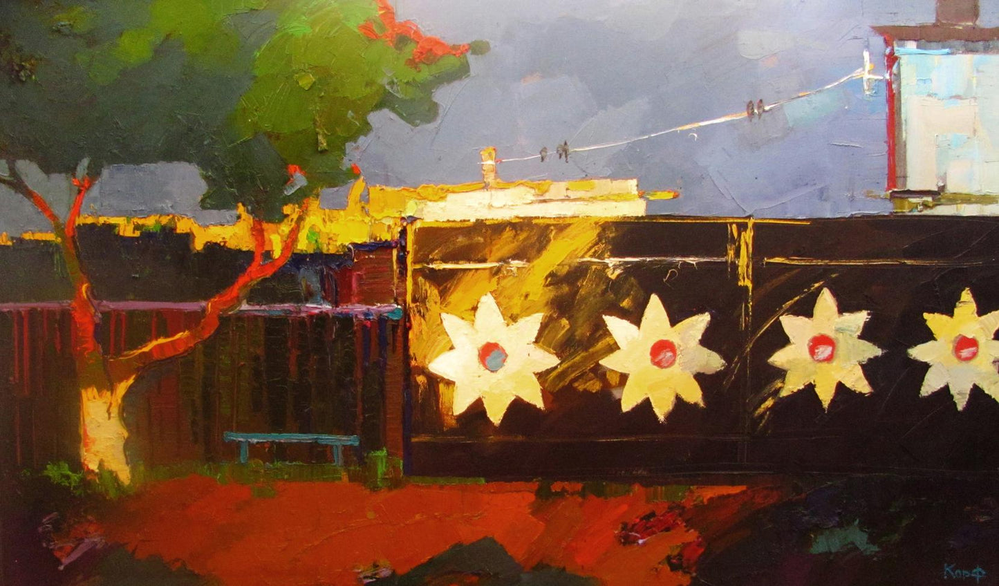 Oil painting Gate in the Village by Natalia Korf-Ivaniuk with yellow flowers