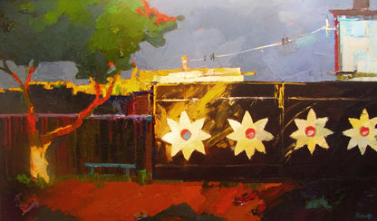 Oil painting Gate in the Village by Natalia Korf-Ivaniuk with yellow flowers
