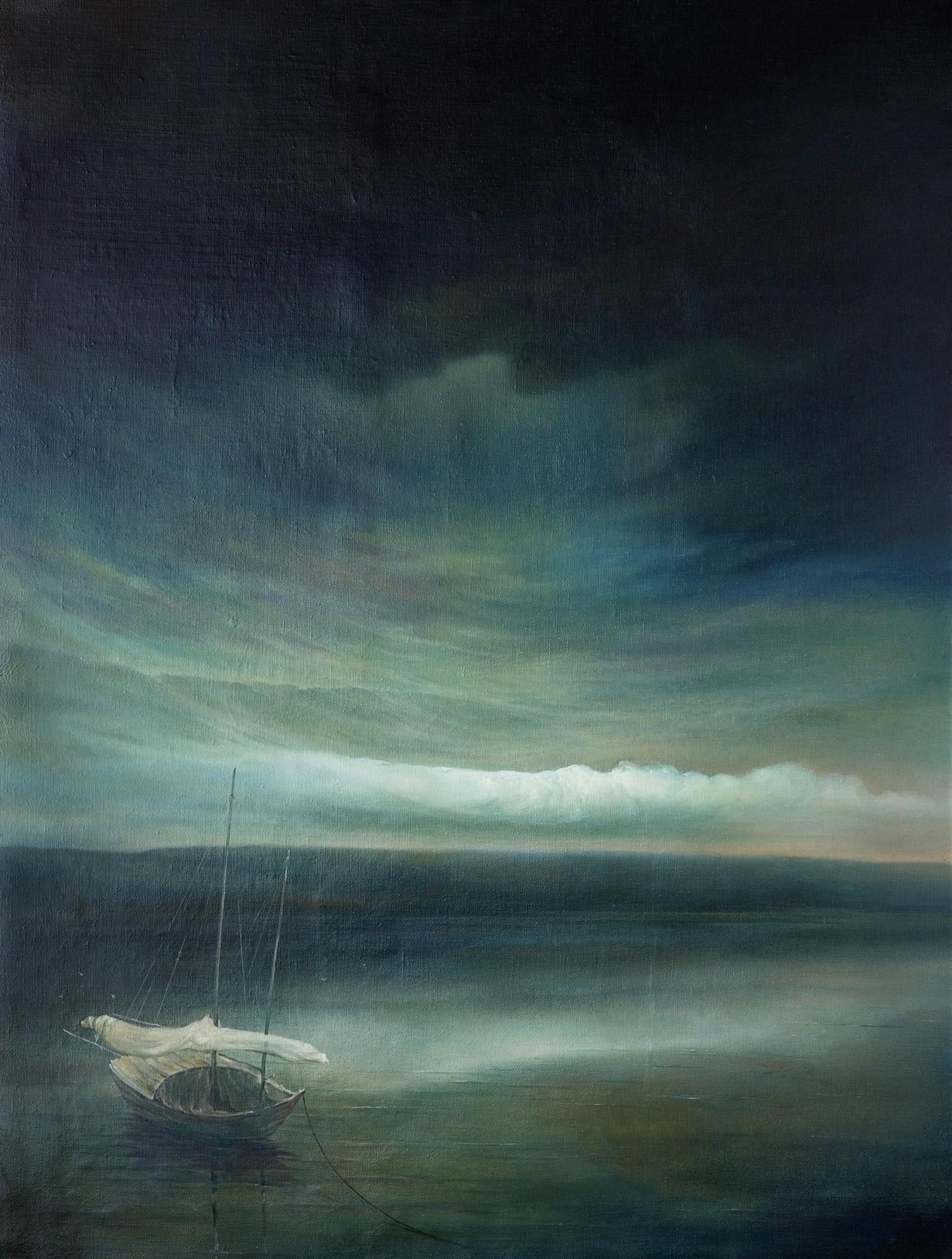 Oil painting Night sea storm by Vasily Korkishko: white sailboat on misty waters