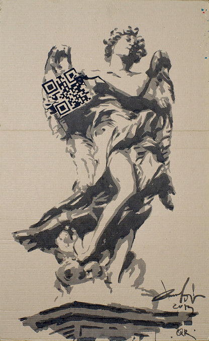 Black and white ink sketch of St. Angels Bridge by Dima Filatov with QR code