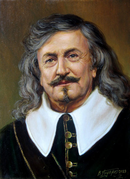 Oil painting portrait by Valeriy Bulat of man with gray hair, mustache