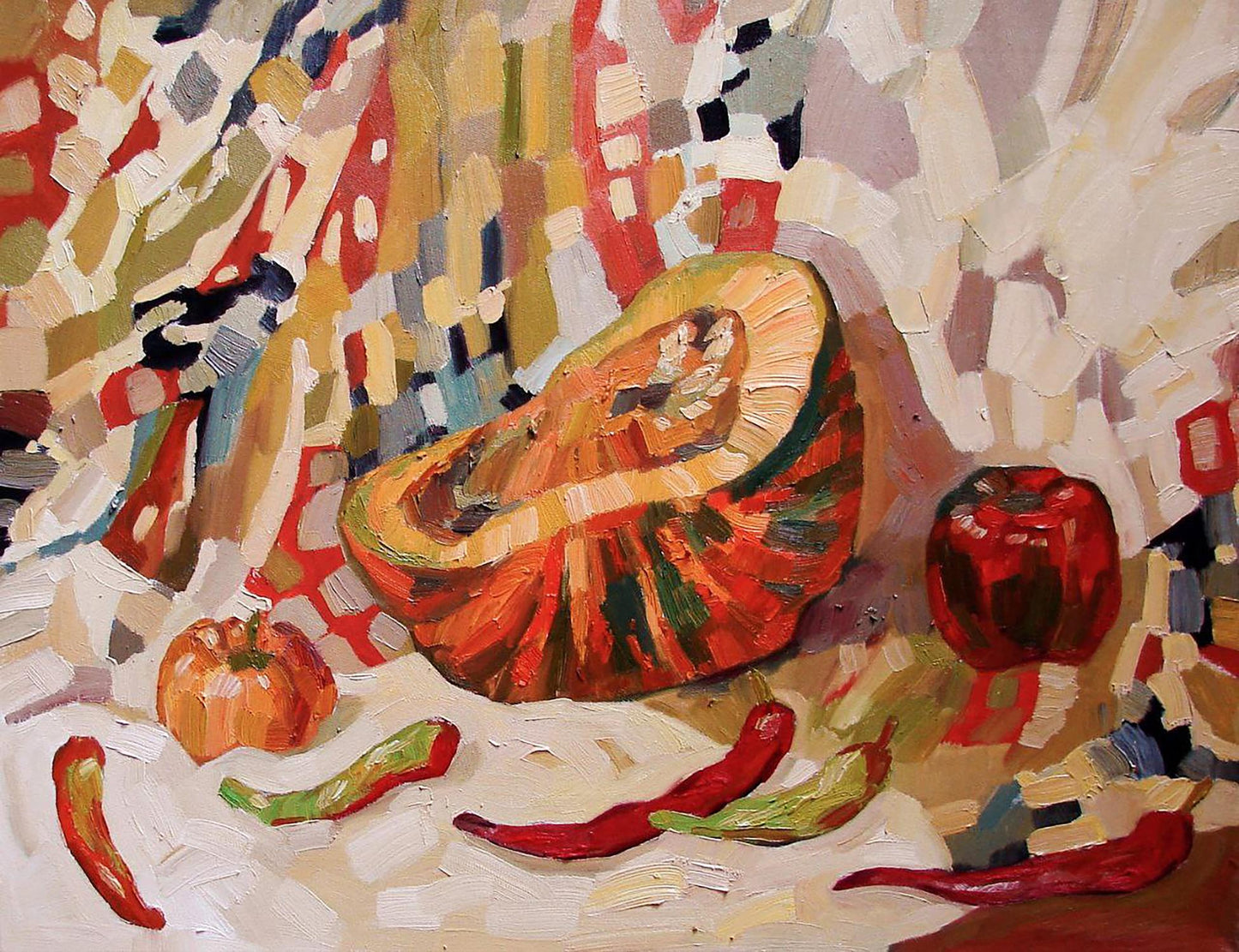Oil painting of big striped pumpkin by Tatyana Shulyak