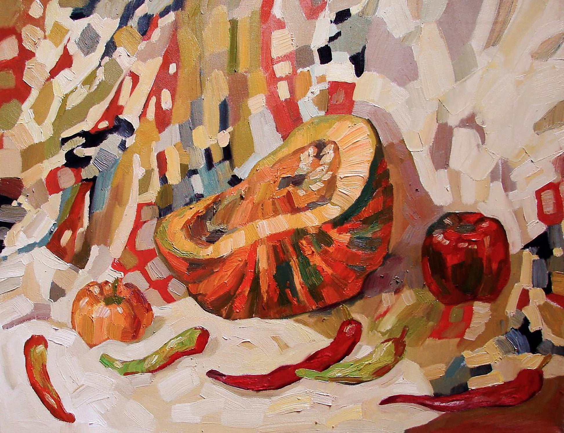 Oil painting of big striped pumpkin by Tatyana Shulyak