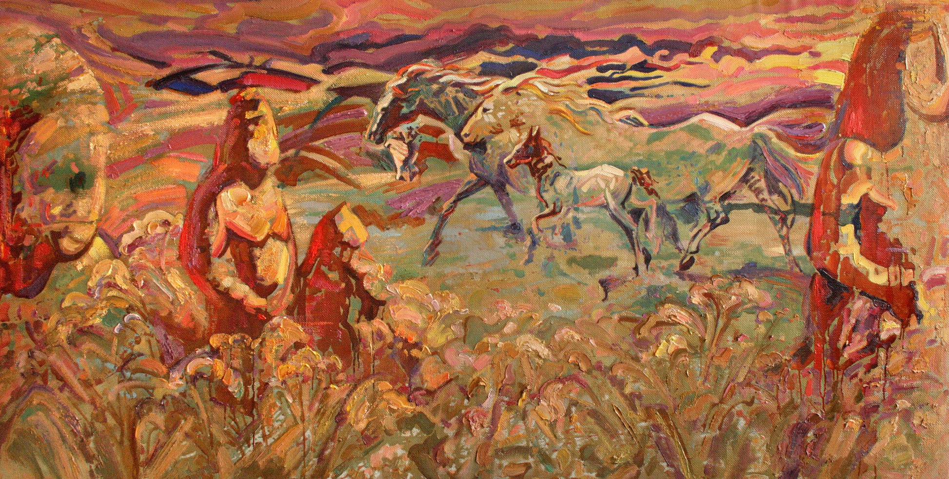 Vibrant oil painting In the Steppe by Leonid Pavlenko: horses in motion