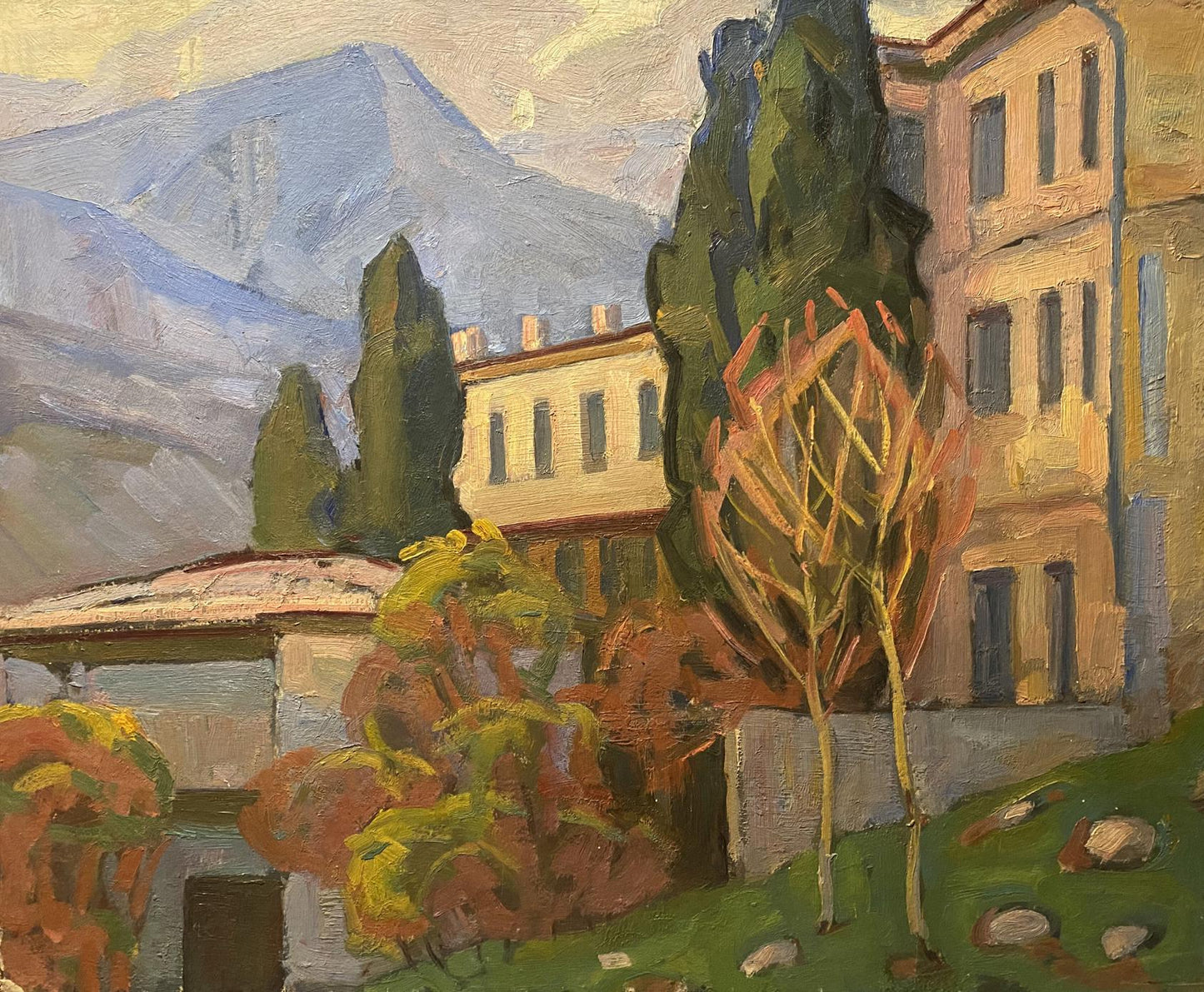 Oil painting by Nikolai Hrustalenko: sunlit European village with cypress trees
