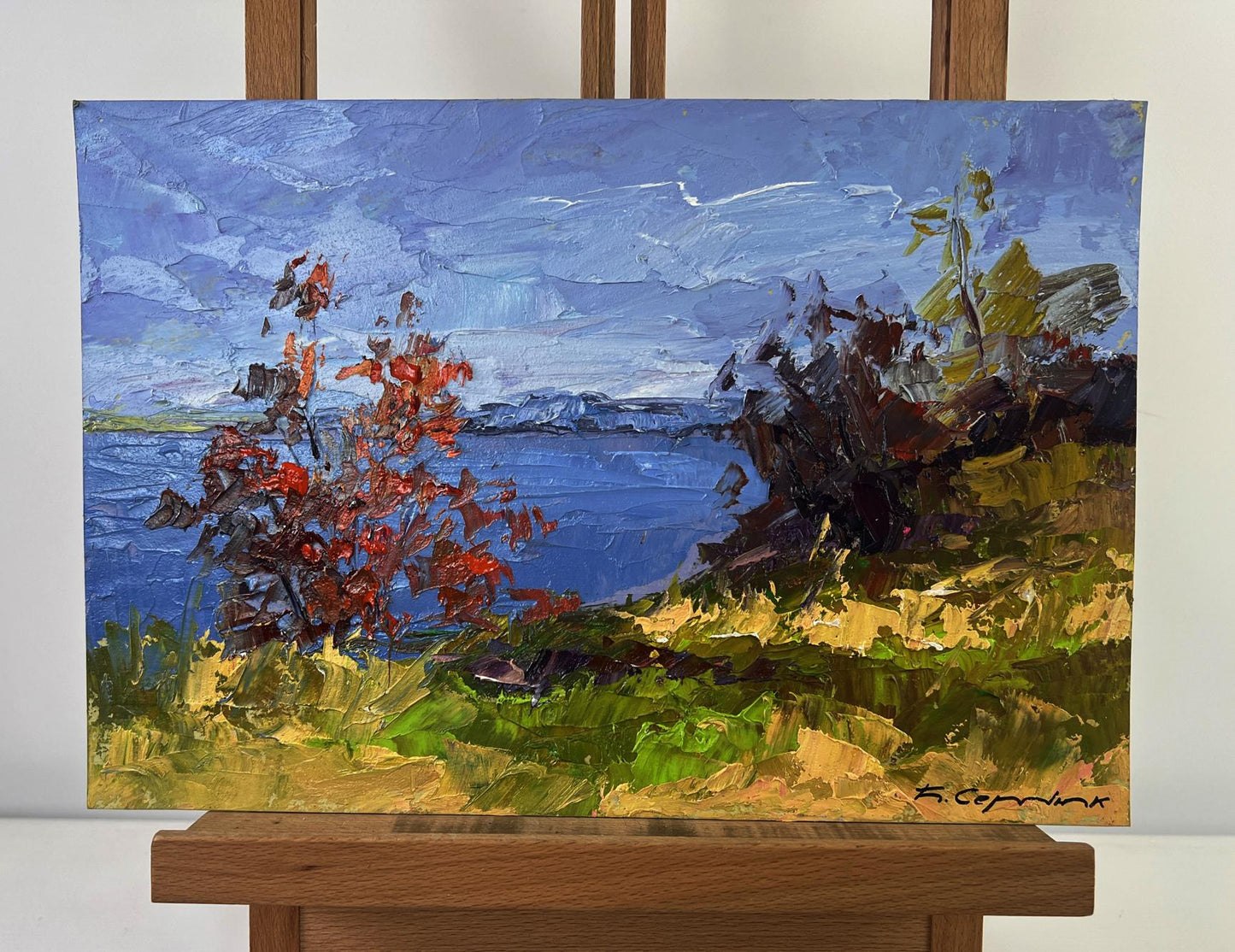 Vibrant oil painting Golden trees and blue horizon by Boris Serdyuk