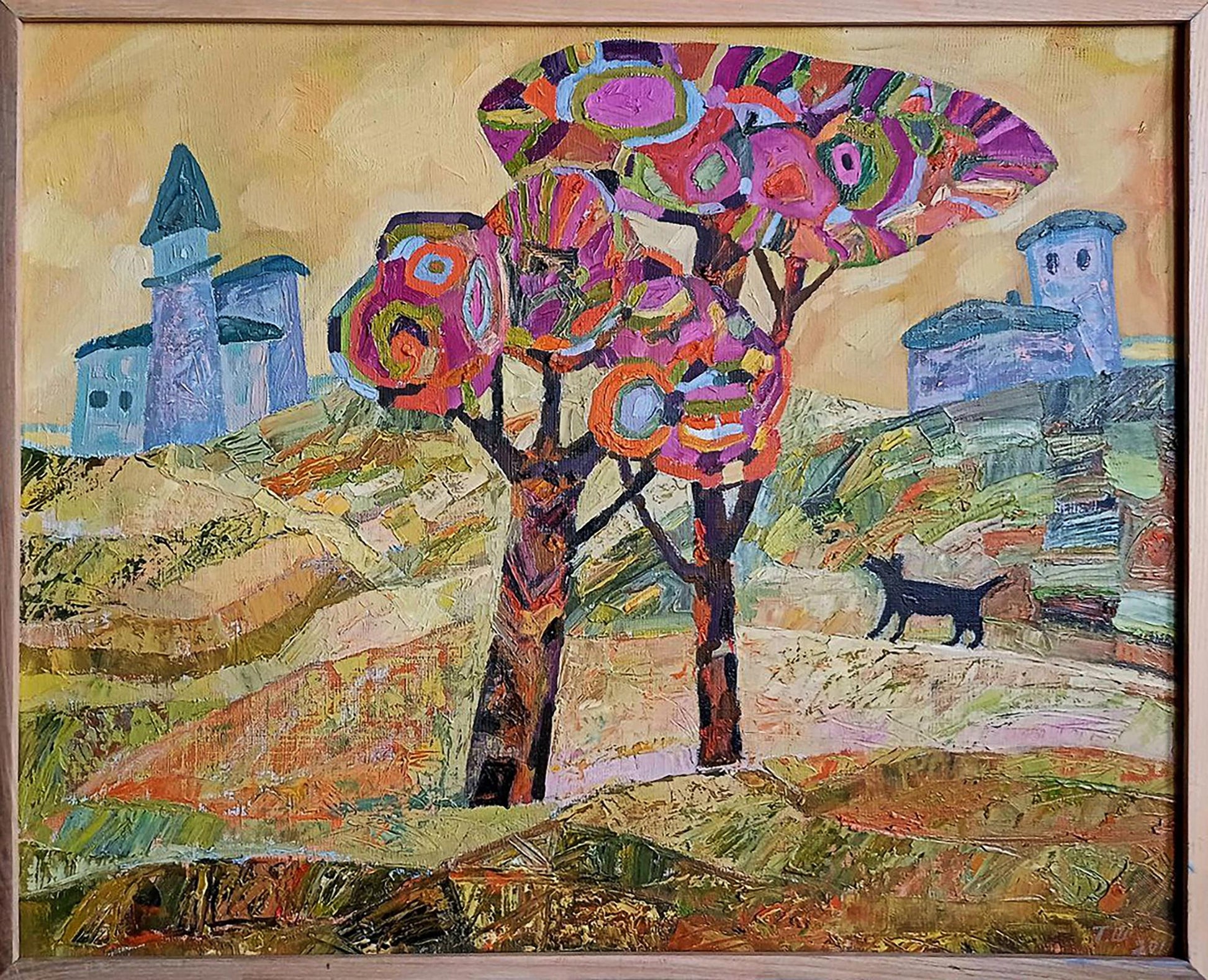 Oil painting of vibrant tree in Tatyana Shulyak village mountains