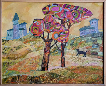 Oil painting of vibrant tree in Tatyana Shulyak village mountains